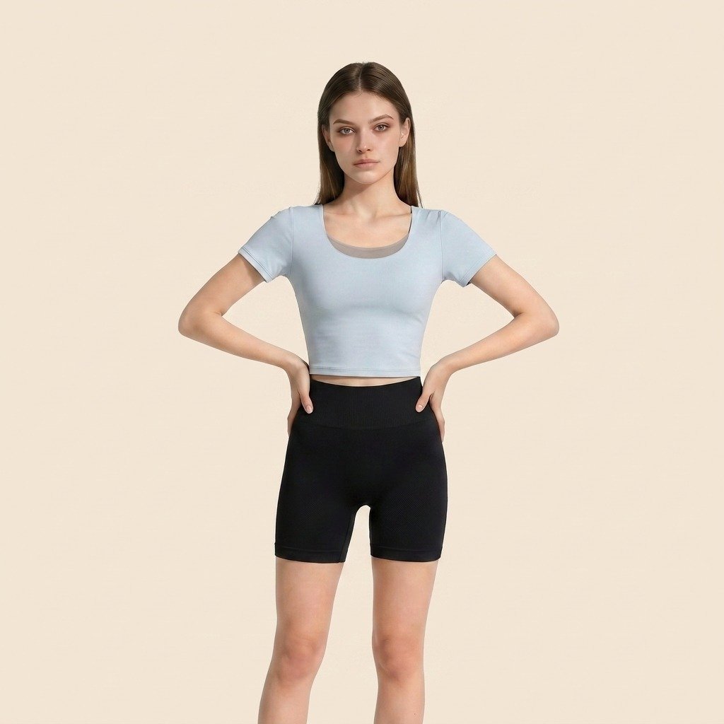 Fake two-piece sporty short sleeve crop top